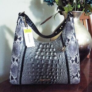 BRAHMIN Melbourne Croc Embossed Leather Handbag - TABITHA in STEEL FONTAINE NWT